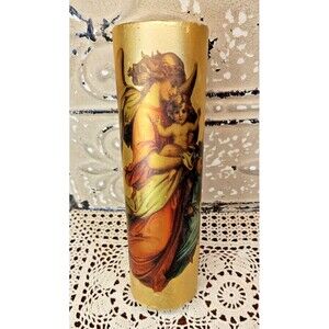 Shiny Gold Pillar Candle with Painted Angels & Cherubs Christmas Holiday (read)